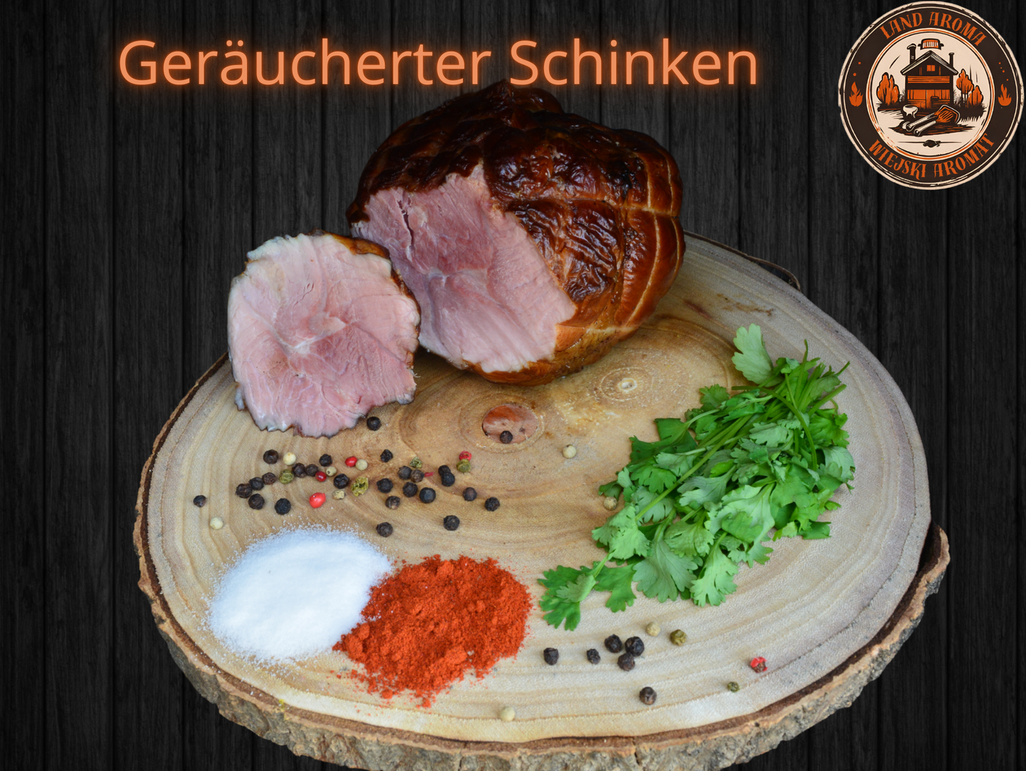 10 kg Box with smoked ham and spices on wooden board, "Königliche Box".