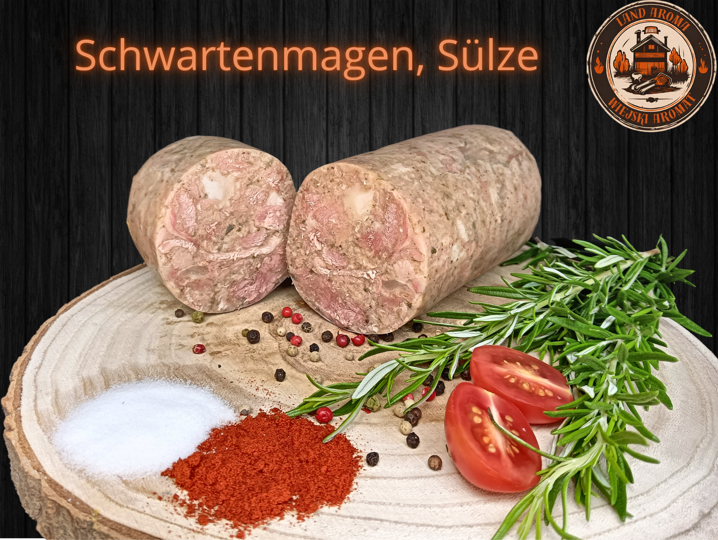 Box 10 kg – „Königliche Box” with traditional Polish sausages and meats, including Schwartenmagen, displayed with herbs and spices.