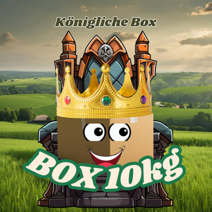 Box 10 kg Königliche Box with crown and animated face on a green countryside background.