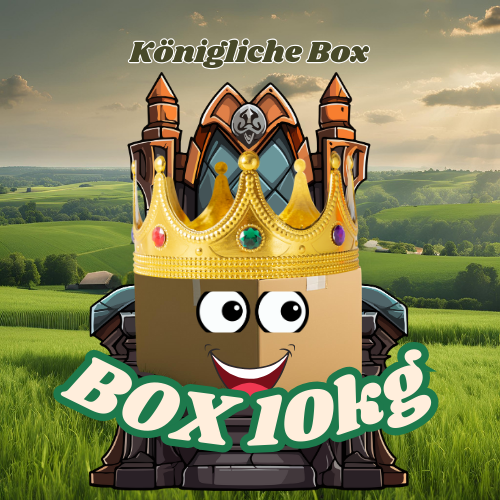 Box 10 kg Königliche Box with crown and animated face on a green countryside background.