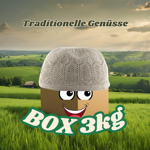 Box 3 kg „Traditionelle Genüsse” vor idyllischer Landschaft, symbolisiert polnische Tradition und Qualität.