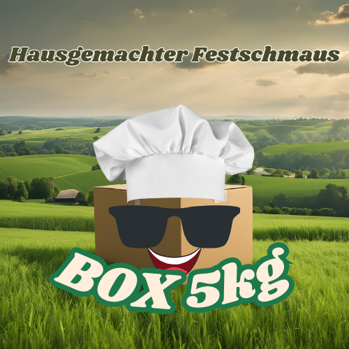 Box 5 kg Hausgemachter Festschmaus with scenic countryside background.